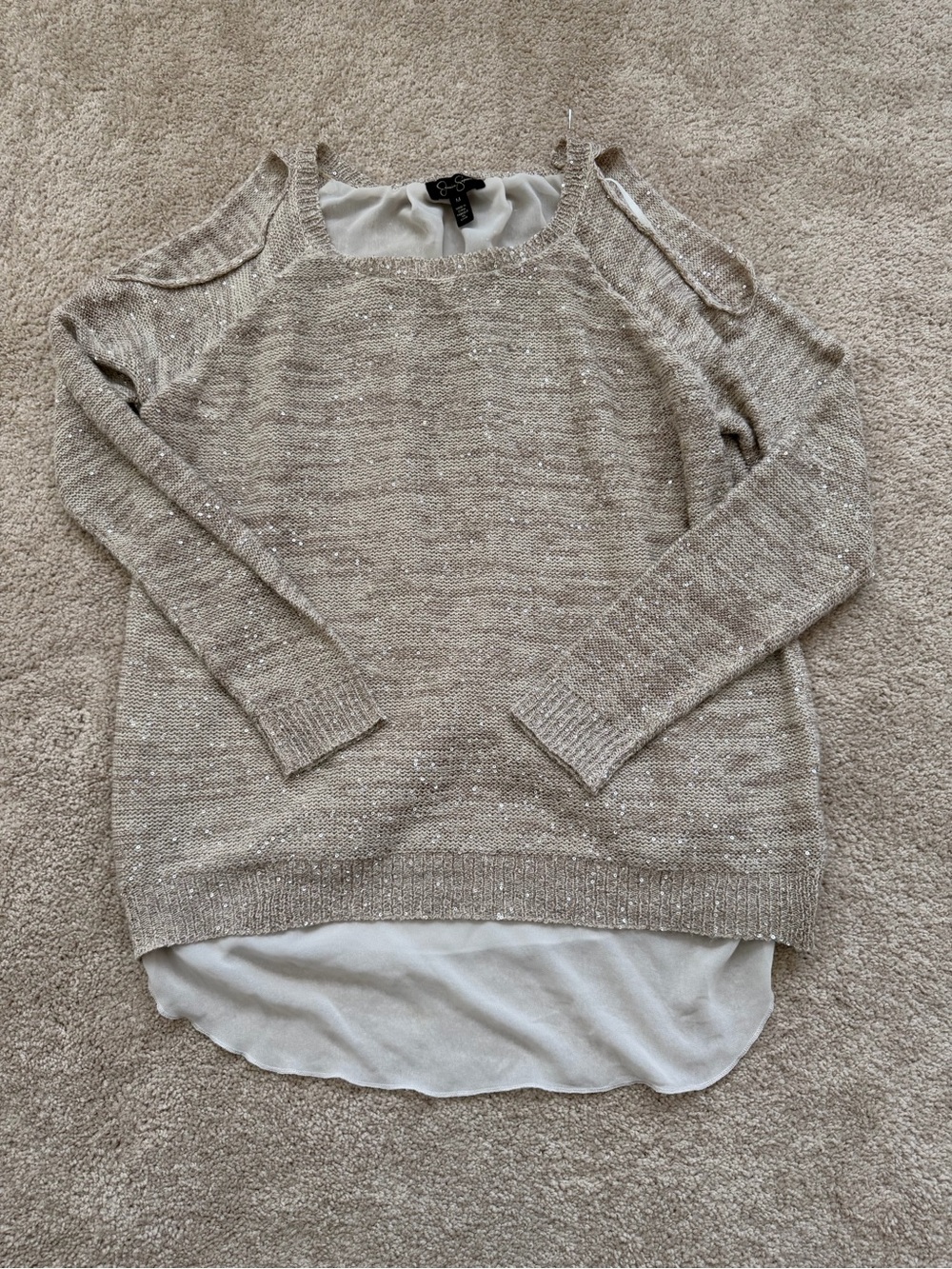 Jessica Simpson Beige Cold-Shoulder Sequined Layered Sweater Medium